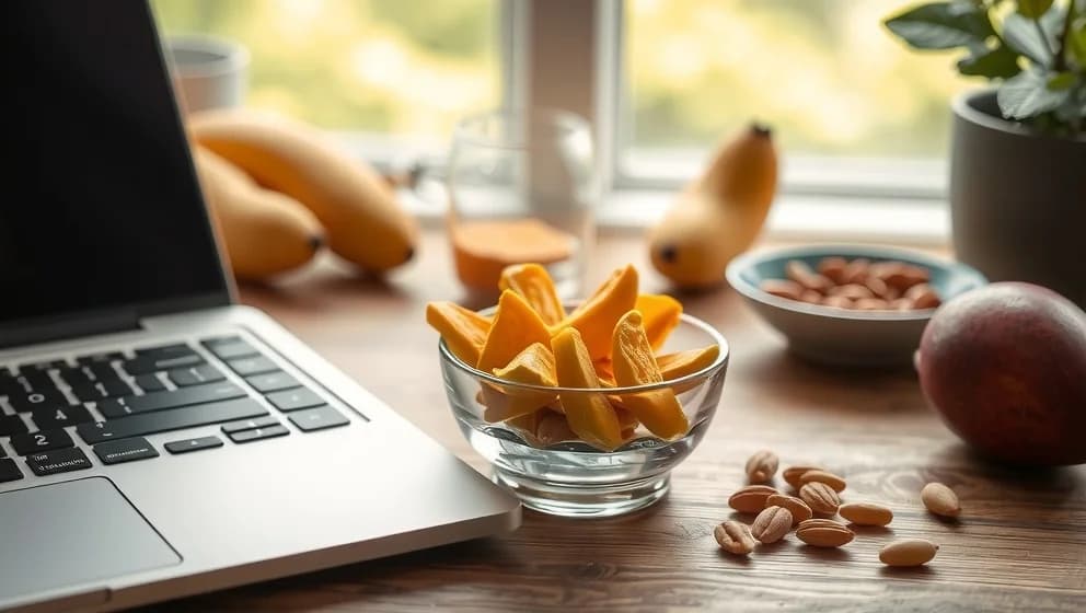 Hälsosamma snacks för hemmakontoret med torkad mango